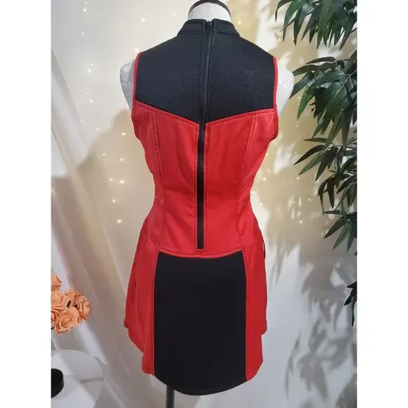 Vtg Lip Service Mesh Panel Fit & Flare Colorblock Dress Sz L Red Black Goth Rare - Picture 2 of 10